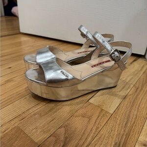 Prada Silver Platform Wedge Sandal Heels